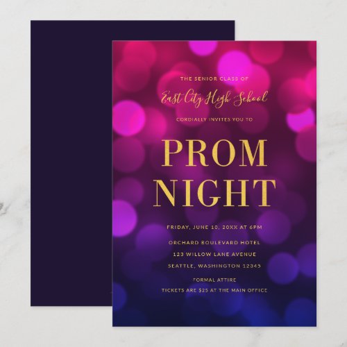 Magenta Blue Bokeh Lights Gold High School Prom Invitation