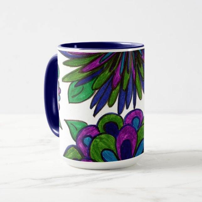 Magenta Blue Flowers Mug (Front Left)