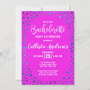 Magenta Blue Glitter Confetti Border Bachelorette Invitation