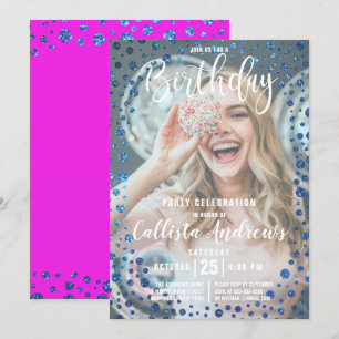 Magenta Blue Glitter Confetti Photo Birthday Invitation