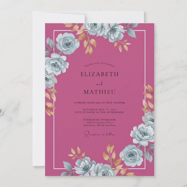 Magenta Blue Rose Wedding Invitation (Front)