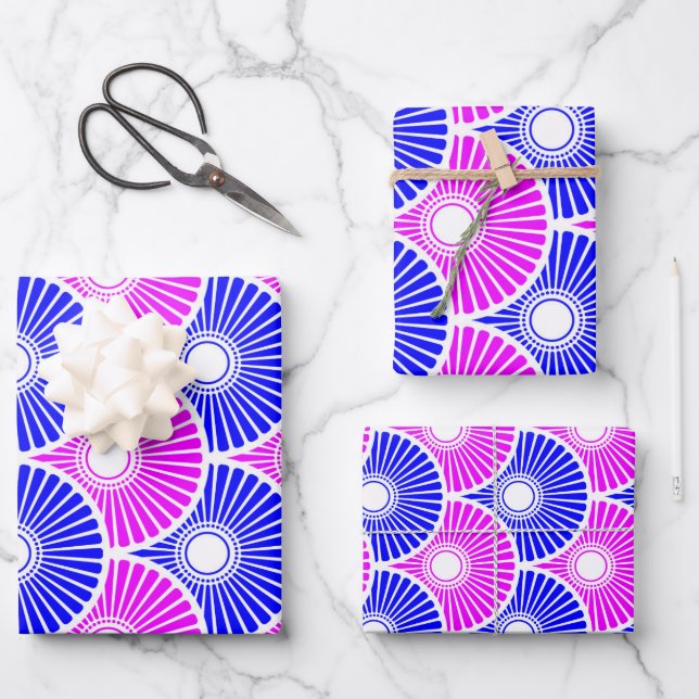 Magenta Blue Semi Circle Wave Pattern Wrapping Paper Sheets (Front)