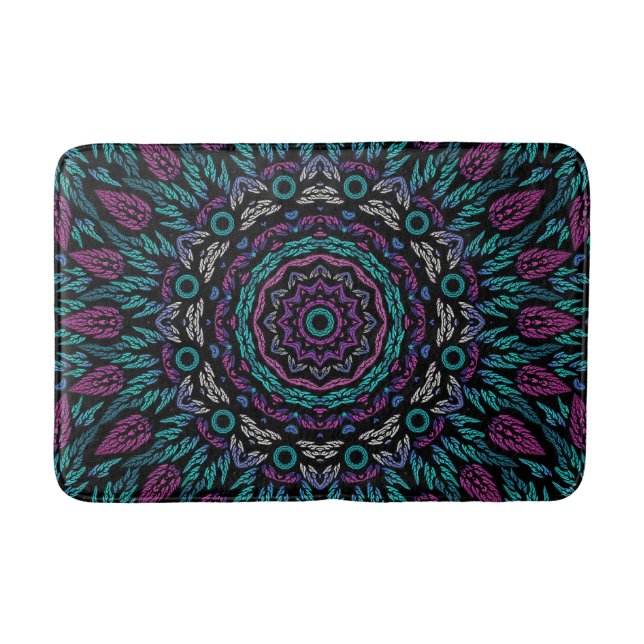 Magenta Blue Teal Gothic Stained Glass Mandala Bath Mat (Front)