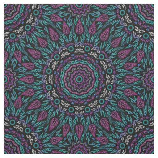 Magenta Blue Teal Gothic Stained Glass Mandala  Fabric