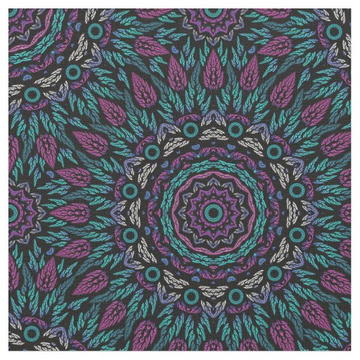 Magenta Blue Teal Gothic Stained Glass Mandala Fabric