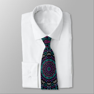 Magenta Blue Teal Gothic Stained Glass Mandala Neck Tie