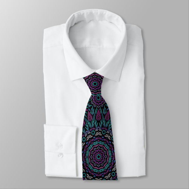 Magenta Blue Teal Gothic Stained Glass Mandala Neck Tie (Tied)