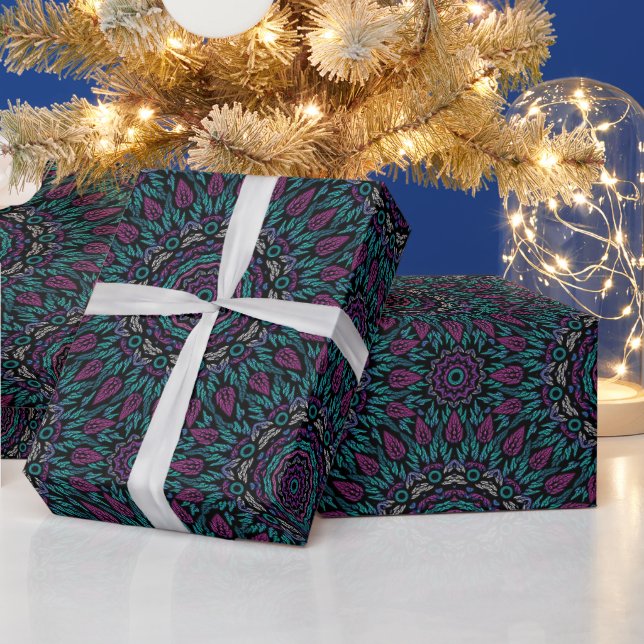 Magenta Blue Teal Gothic Stained Glass Mandala Wrapping Paper (Holidays)