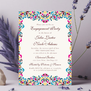 Magenta Blue Whimsical Floral Engagement Party Invitation