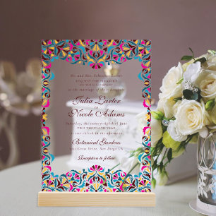 Magenta Blue Whimsical Floral Mandala Wedding Acrylic Invitations