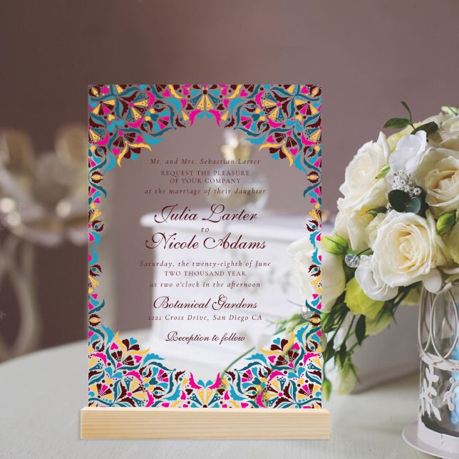 Magenta Blue Whimsical Floral Mandala Wedding Acrylic Invitations (Creator Uploaded)