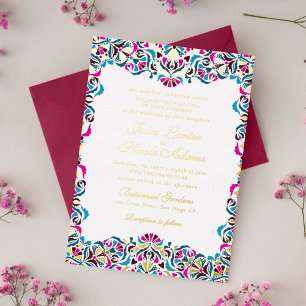 Magenta Blue Whimsical Floral Mandala Wedding Foil Invitation