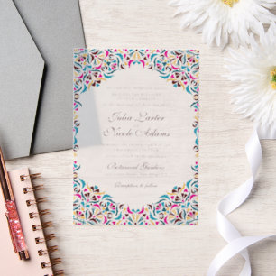 Magenta Blue Whimsical Floral Mandala Wedding Vellum Invitations