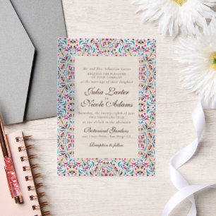 Magenta Blue Whimsical Floral Mandala Wedding Vellum Invitations
