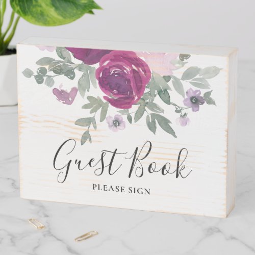 Magenta Blush Floral Bouquet Wedding Guest Book Wooden Box Sign