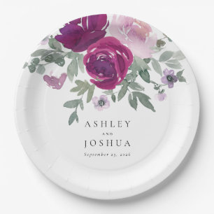 Magenta Blush Floral Bouquet White Wedding Paper Plates