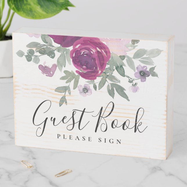 Magenta Blush Garden Floral Wedding Guest Book Wooden Box Sign (In Situ Horizontal)