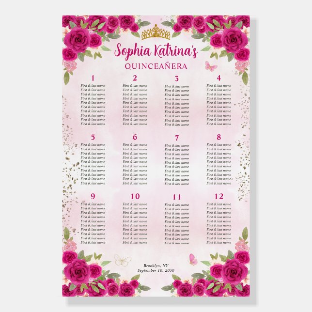 Magenta Blush Pink Gold Floral Quinceañera Seating Foam Board (Front)