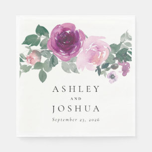 Magenta Blush Pink Watercolor Floral Ivory Wedding Napkins