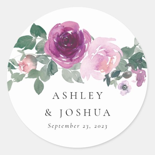 Magenta Blush Watercolor Floral Wedding Classic Round Sticker