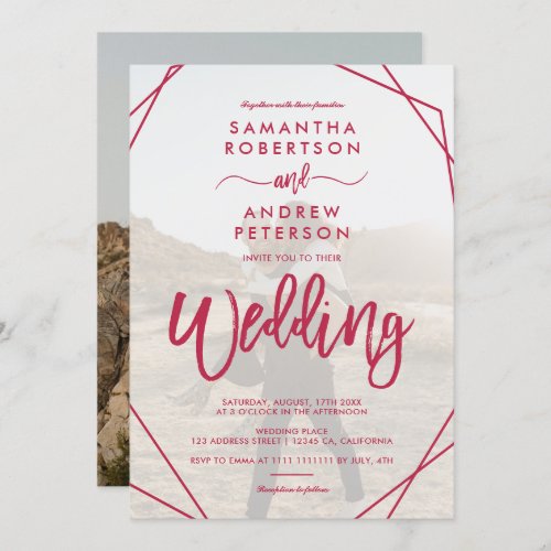 Magenta boho frame simple photo script wedding invitation