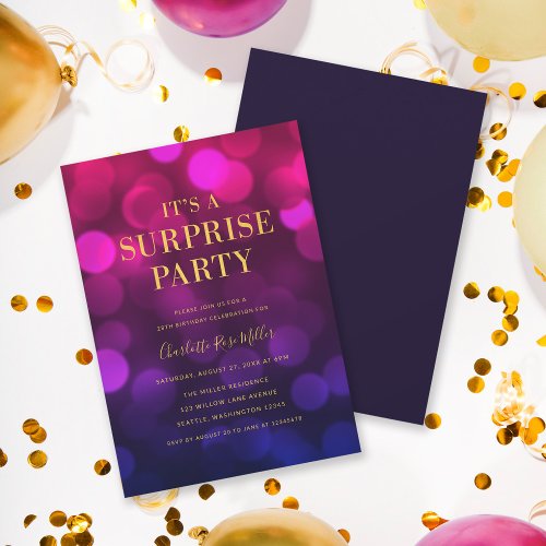 Magenta Bokeh Gold Its a Surprise Party Birthday Invitation