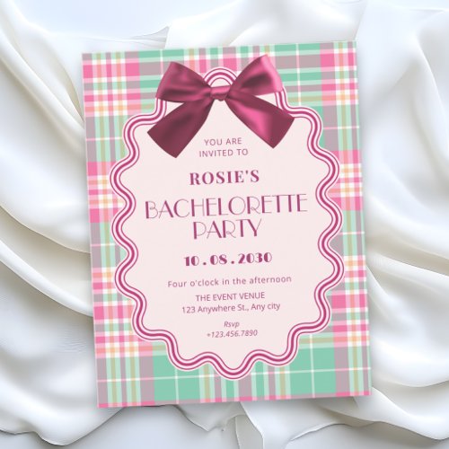 Magenta bow and a pink plaid bachelorette party invitation