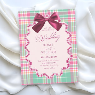 Magenta bow and a pink plaid wedding  invitation