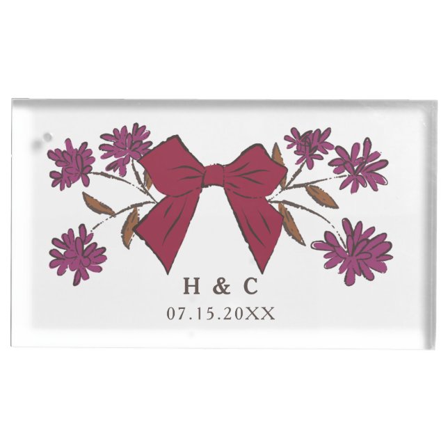 Magenta Bow and Flowers Wedding Place Card Holder (Front)