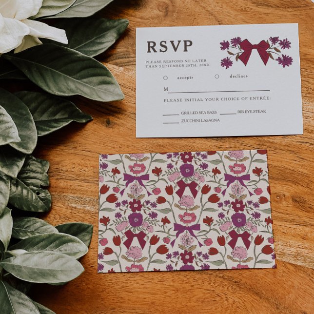 Magenta Bow Floral Wedding RSVP Meal Choice  Card (Creator Uploaded)