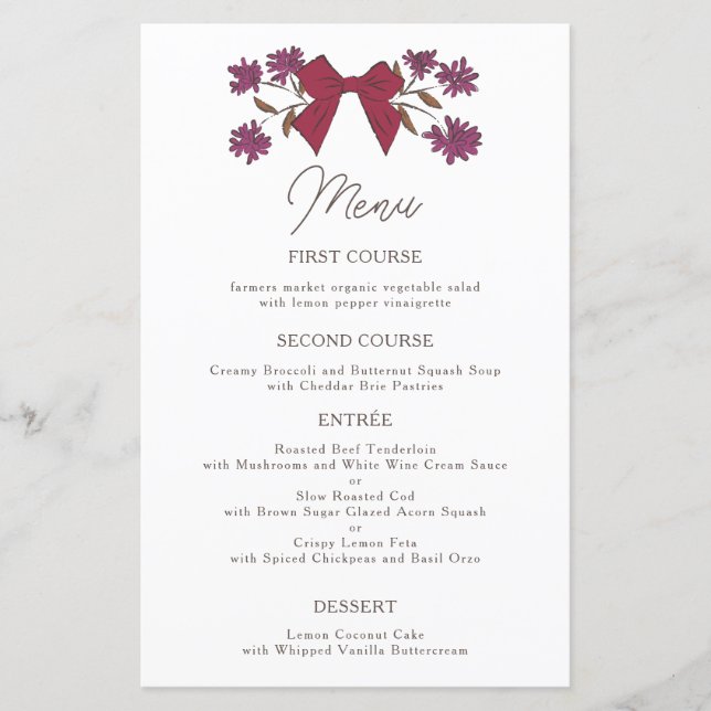 Magenta Bows Flower Wedding Dinner Menu (Front)