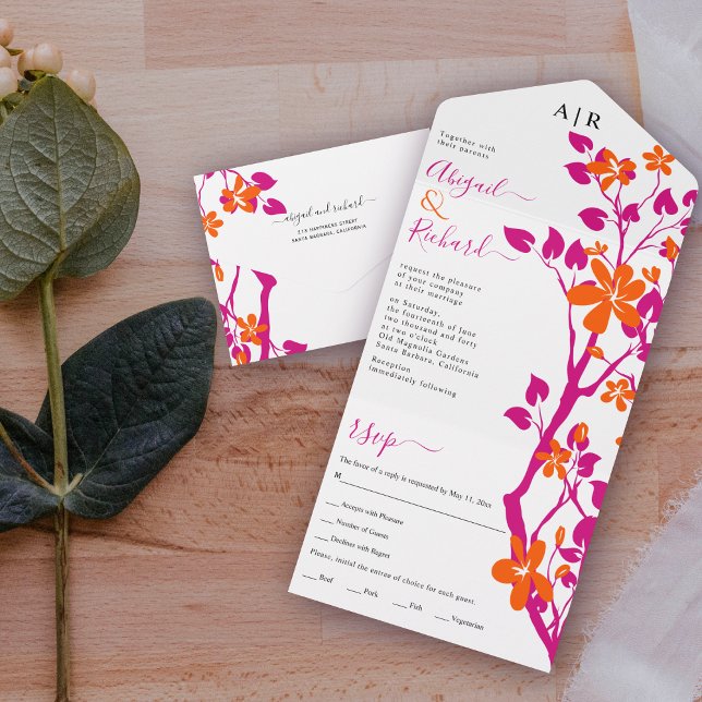 Magenta branch and orange flowers initials wedding all in one invitation (Creator Uploaded)