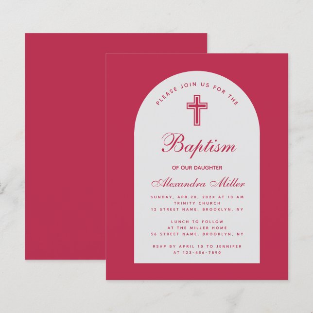 Magenta Budget Girl Baptism Red Arch Invitation (Front/Back)