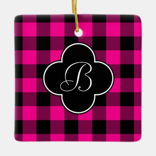 Magenta Buffalo Plaid Quatrefoil Monogram Photo  Ceramic Ornament