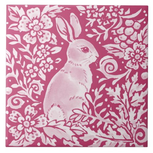 Magenta Bunny Rabbit Woodland Animal Nature Floral Ceramic Tile