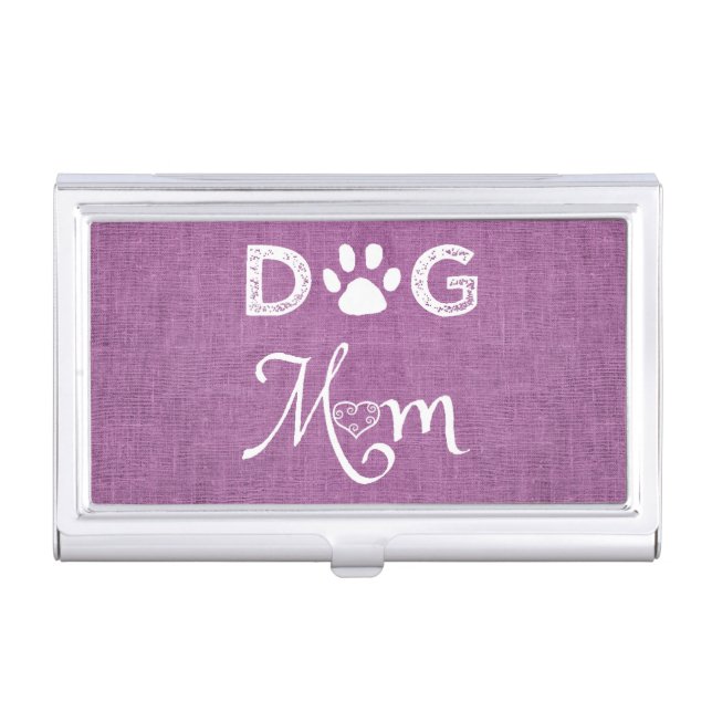 Magenta Burlap Dog Mom Business Card Holder (Front)