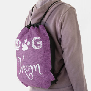 Magenta Burlap Dog Mom Drawstring Backpack