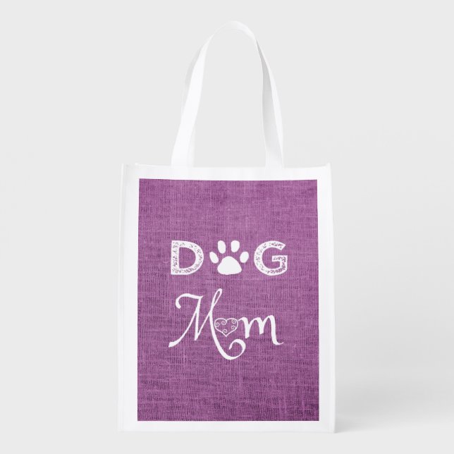Magenta Burlap Dog Mom Reusable Grocery Bag (Back)