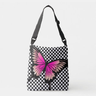 Magenta Butterfly Checker Cross Body Tote Bag