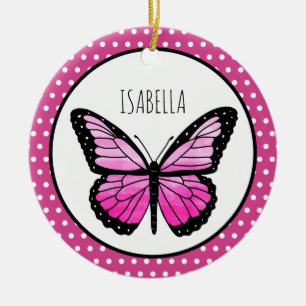 Magenta Butterfly Polka Dot Personalized Ceramic Ornament