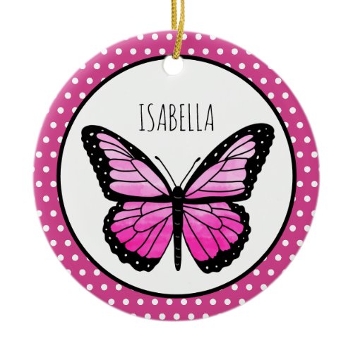 Magenta Butterfly Polka Dot Personalized  Ceramic Ornament