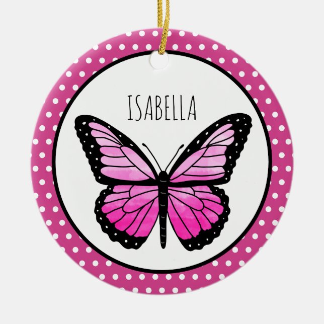 Magenta Butterfly Polka Dot Personalized  Ceramic Ornament (Front)