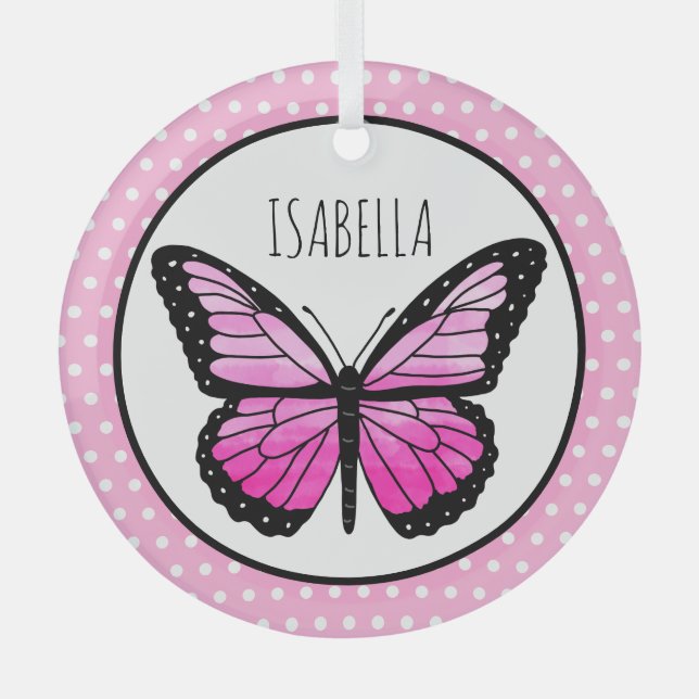 Magenta Butterfly Polka Dot Personalized   Glass Ornament (Front)