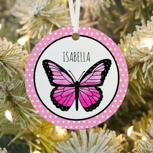 Magenta Butterfly Polka Dot Personalized  Metal Ornament