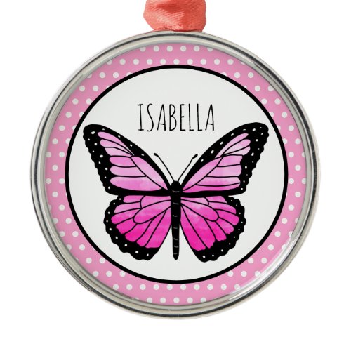 Magenta Butterfly Polka Dot Personalized  Metal Ornament