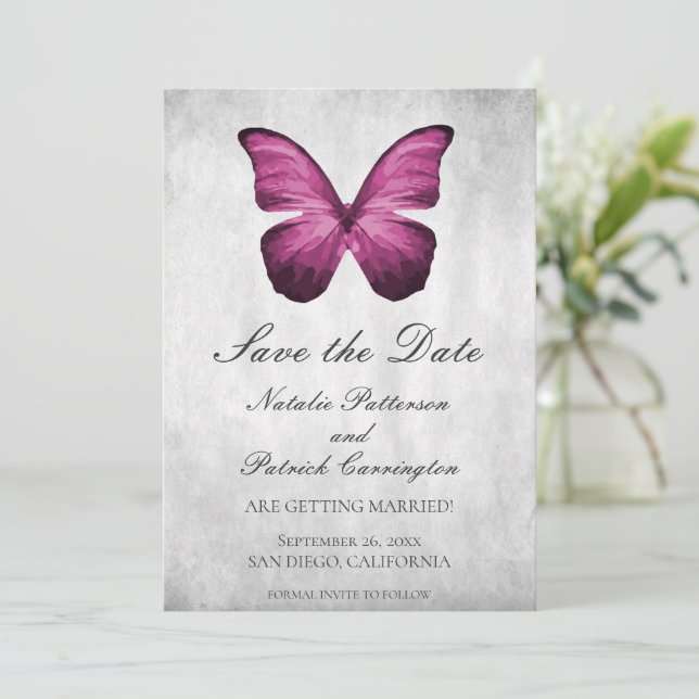 Magenta Butterfly Save the Date Invite (Standing Front)
