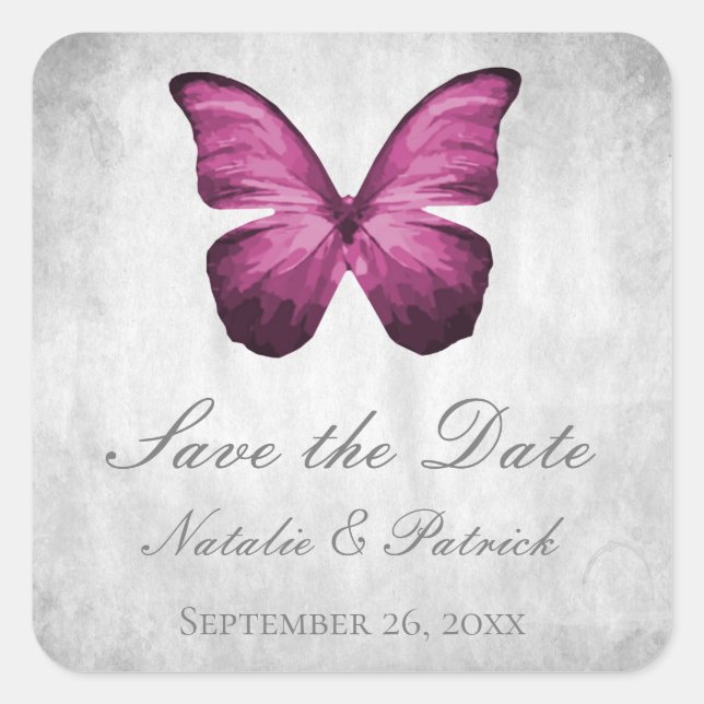 Magenta Butterfly Save the Date Stickers (Front)