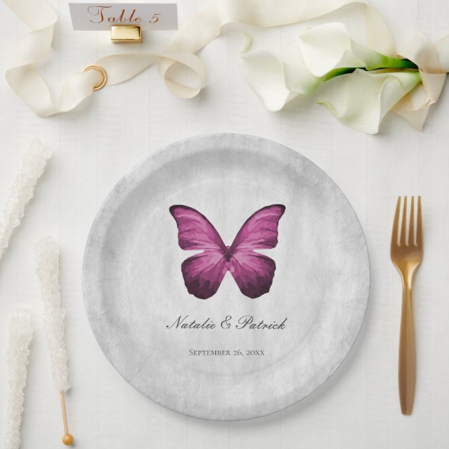 Magenta Butterfly Wedding Paper Plates (Wedding)