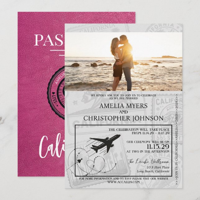 Magenta California Passport Wedding Invitation (Front/Back)