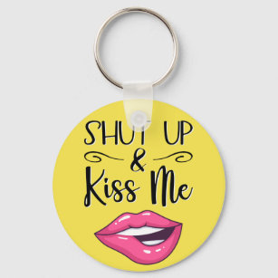 Magenta cartoon lips Shut up and kiss me yellow Keychain
